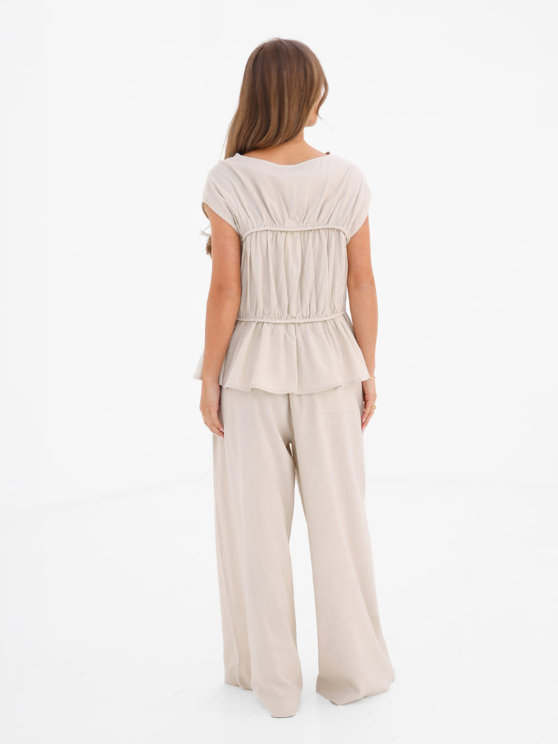 Alessia Linen Frill Top - Cremefarben