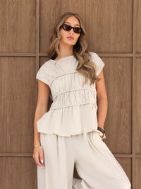 Alessia Linen Frill Top - Cremefarben