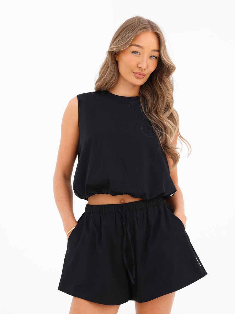 Kaia Bubble Hem Poplin Top - Noire