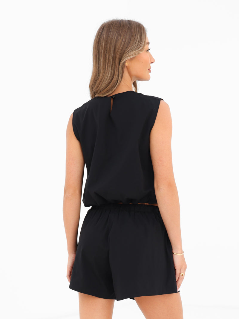 Kaia Bubble Hem Poplin Top - Noire