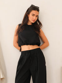 Kaia Bubble Hem Poplin Top - Noire