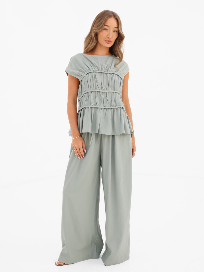 Alessia Linen Frill Top - Weicher Salbei