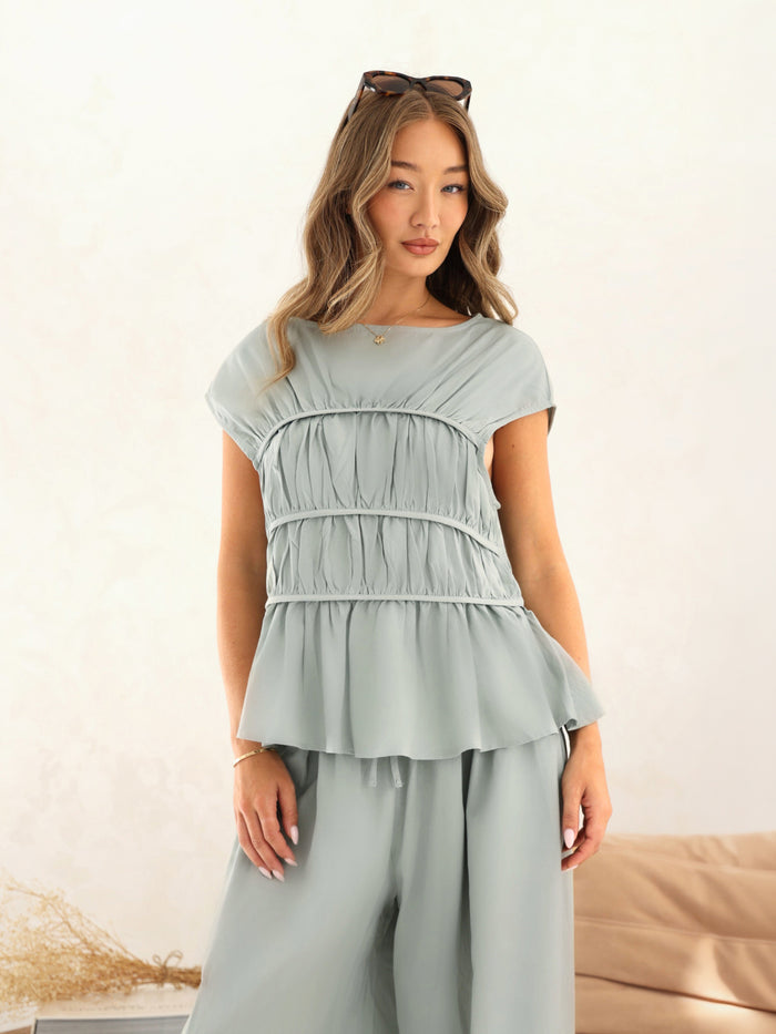 Alessia Linen Frill Top - Weicher Salbei