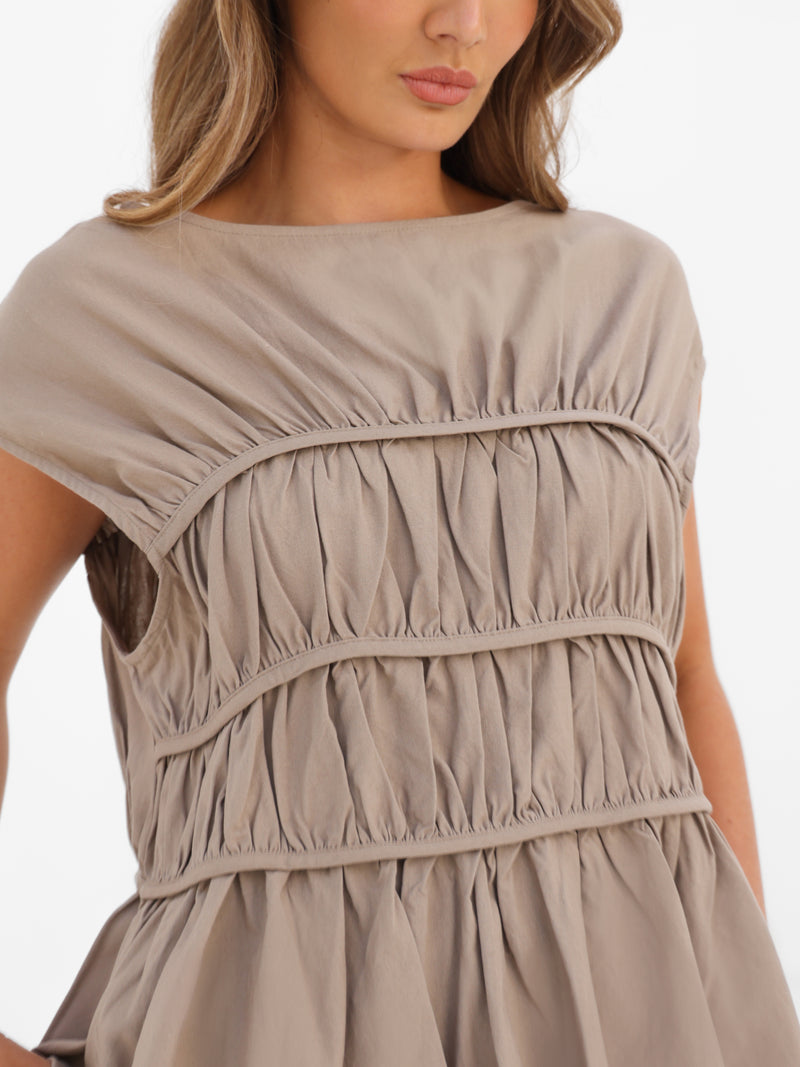 Alessia Linen Frill Top - Bräunen
