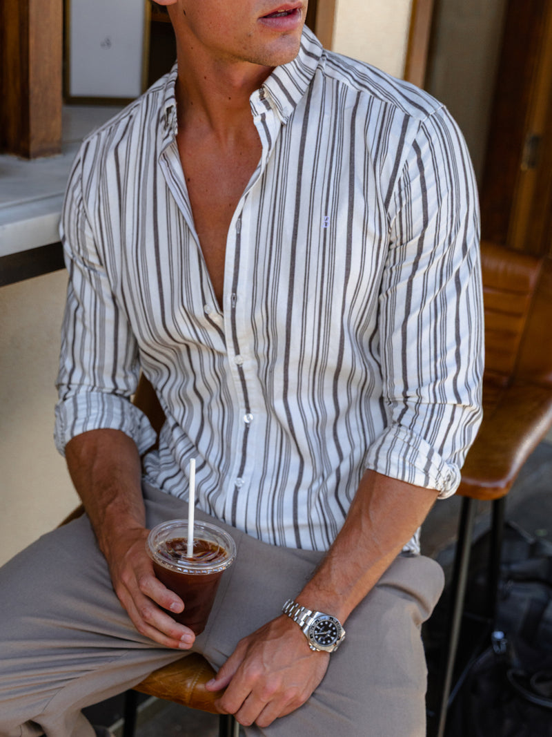 Raffi Long Sleeve Stripe Cotton Shirt - Weiß & Braun