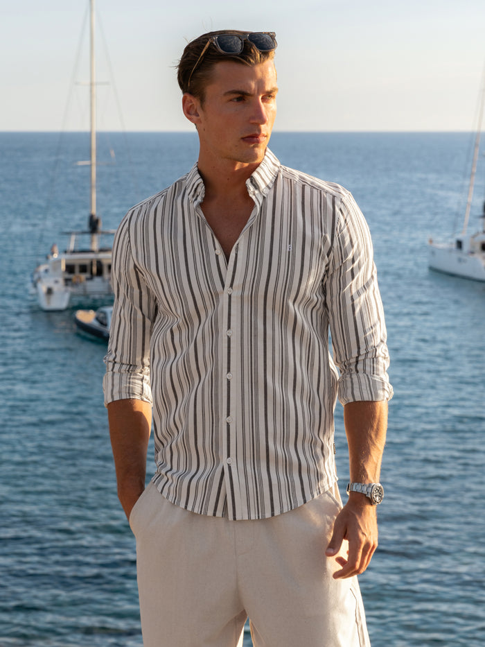 Raffi Long Sleeve Stripe Cotton Shirt - Wit & Bruin