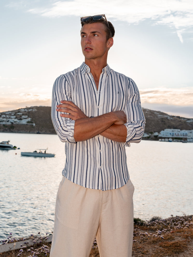 Raffi Long Sleeve Stripe Cotton Shirt - Weiß & Marineblau