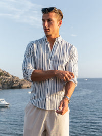 Raffi Long Sleeve Stripe Cotton Shirt - Weiß & Marineblau