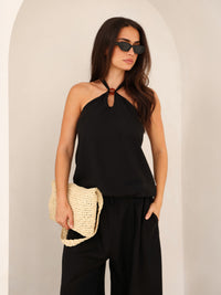 Eliza Beaded Halter Neck Top - Schwarz