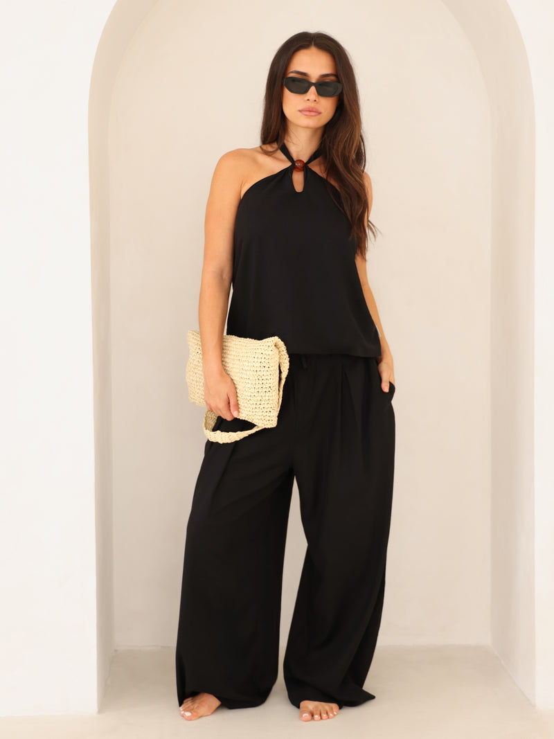 *INÉDIT* 4689-1 Pantalon large en lin doux pour femme - Noire