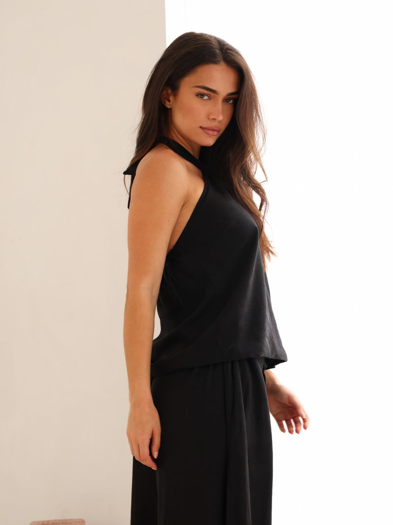 *INÉDIT* 4689-1 Pantalon large en lin doux pour femme - Noire