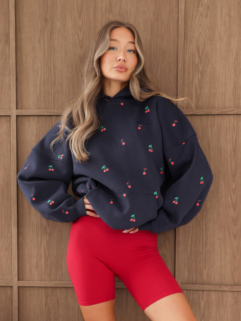 Rhea Cherry Print Oversized Hoodie - Echte Marine