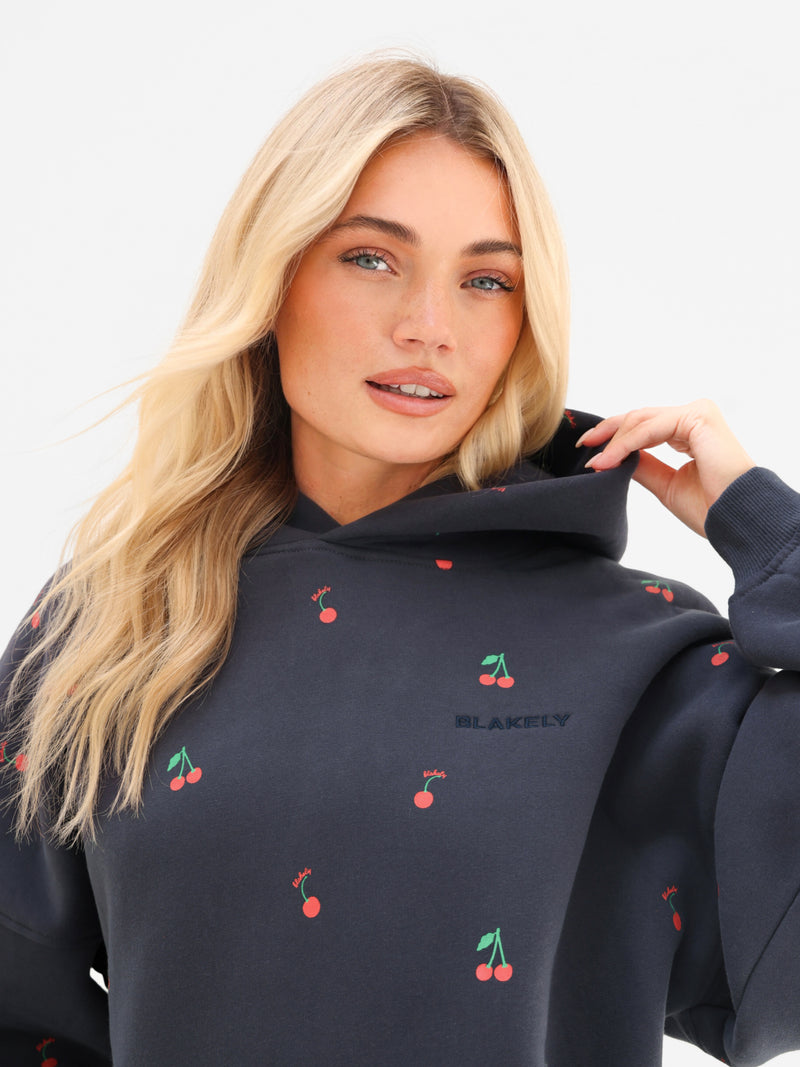 Rhea Cherry Print Oversized Hoodie - Echte Marine