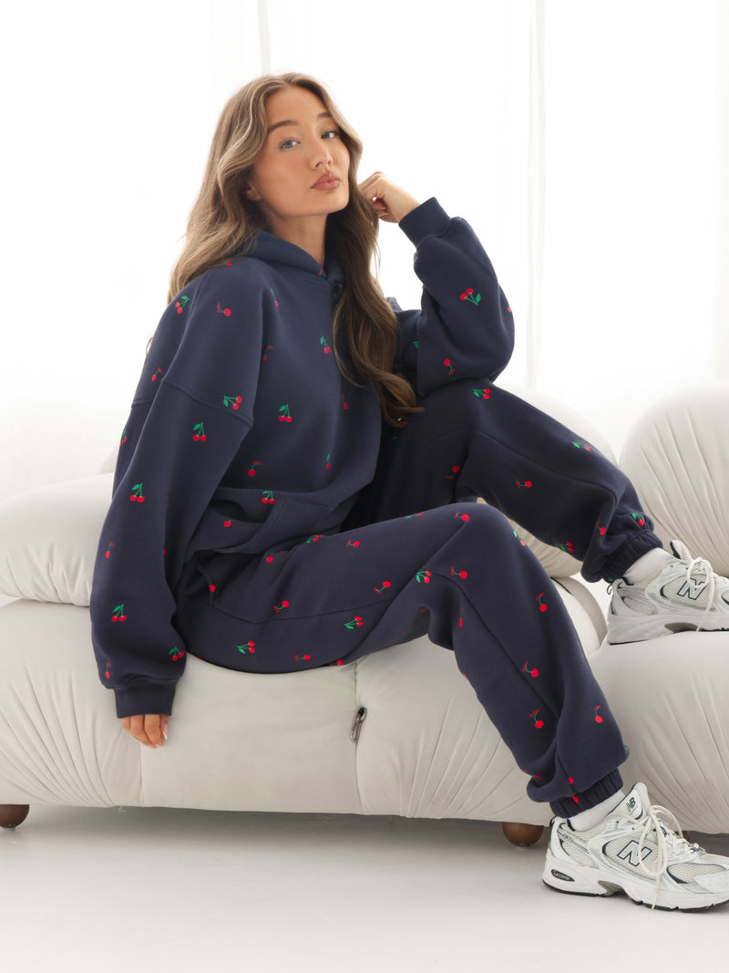 Rhea Cherry Print Oversized Hoodie - Echte Marine