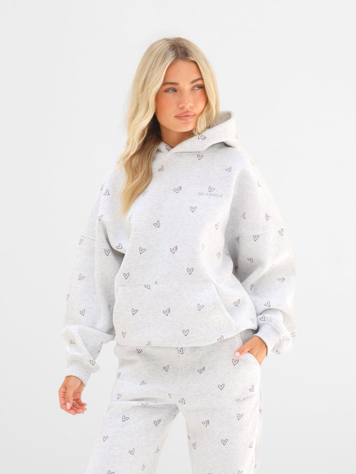 Rhea Heart Print Oversized Hoodie - Mergelweiß