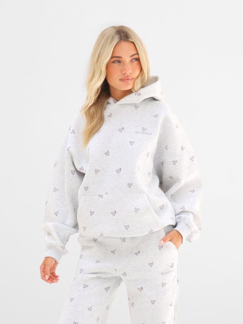 Rhea Heart Print Oversized Hoodie - Marl White