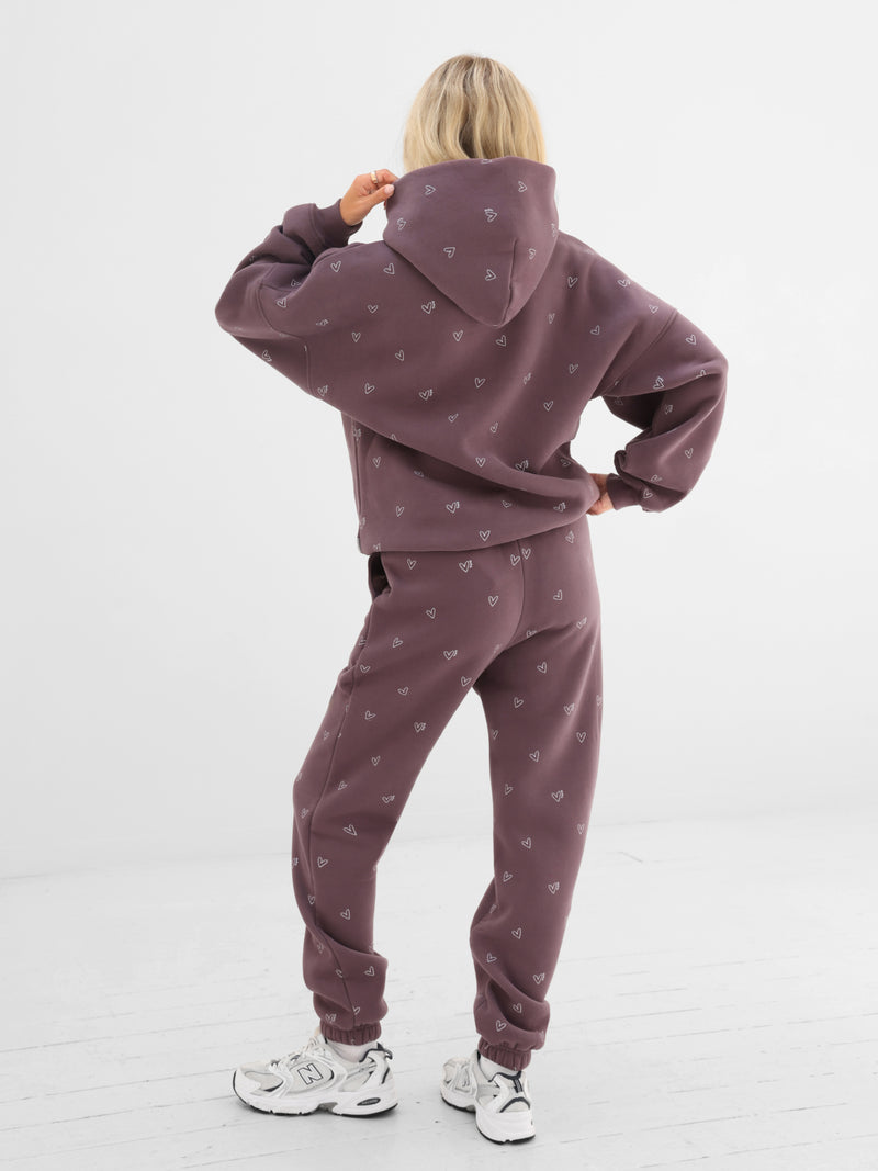 Rhea Heart Print Oversized Hoodie - Washed Plum