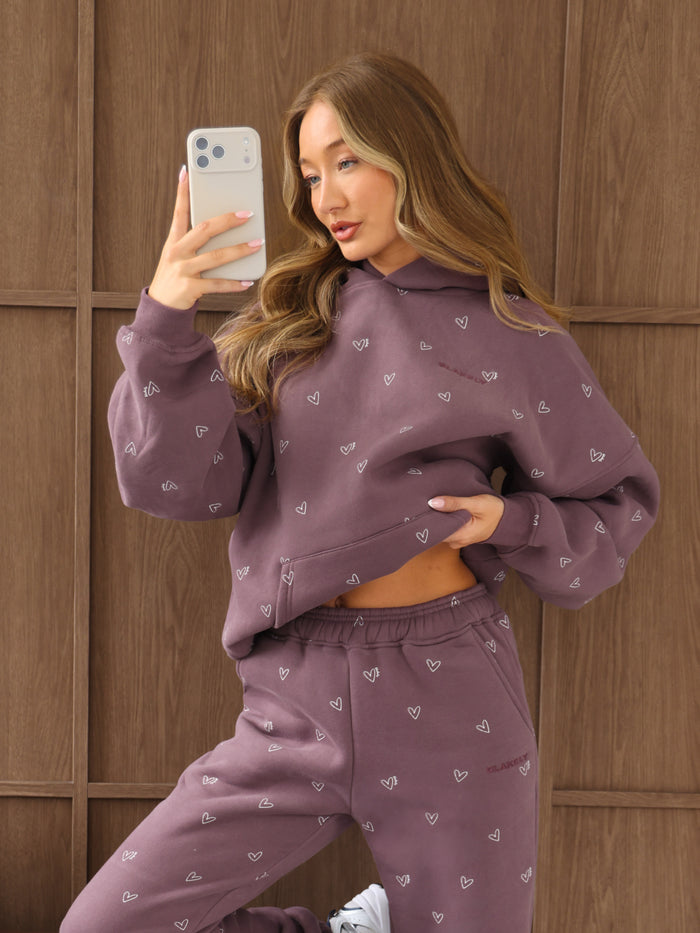 Rhea Heart Print Oversized Hoodie - Gewaschene Pflaume