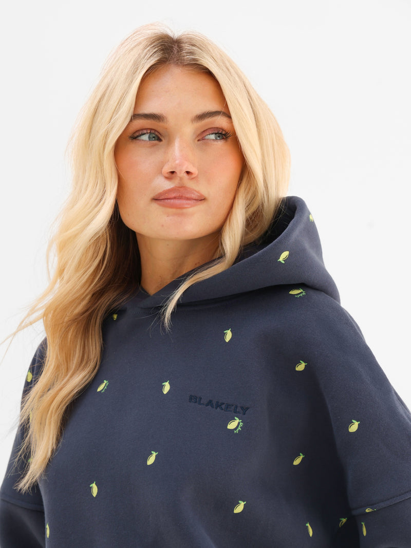 Rhea Lemon Print Oversized Hoodie - True Navy