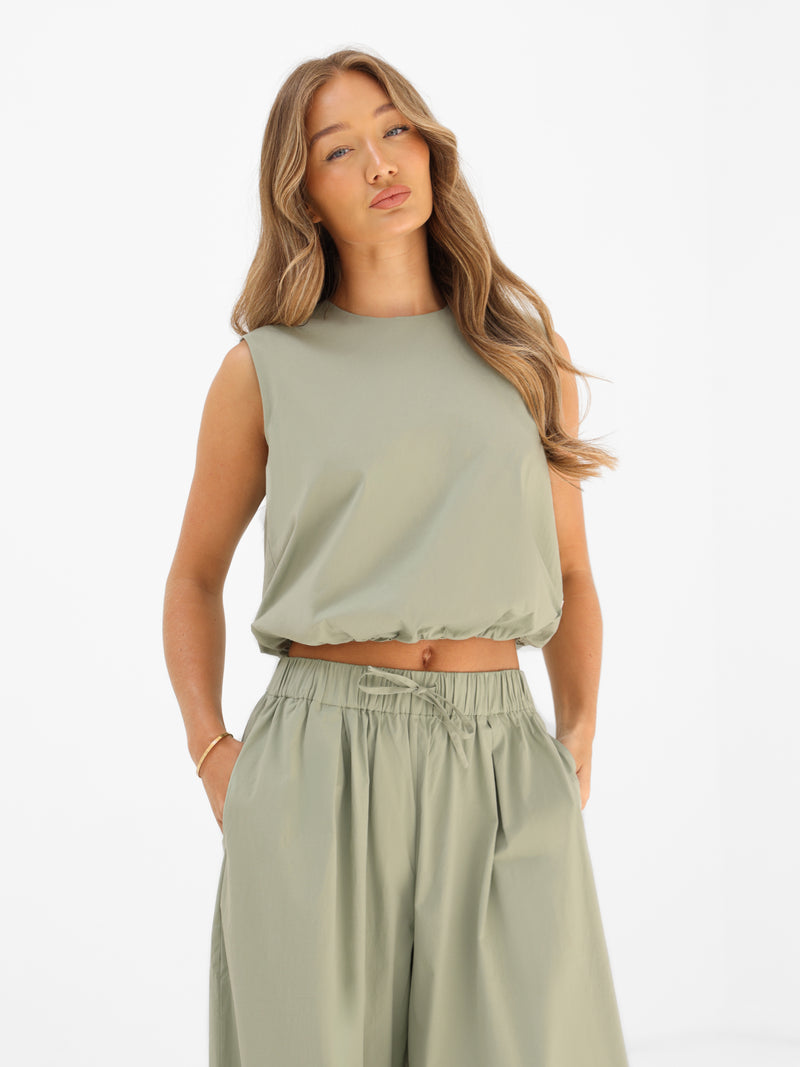 Kaia Bubble Hem Poplin Top - Pistache