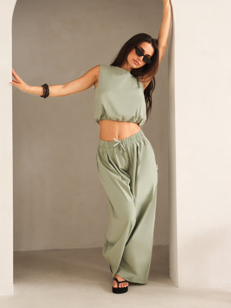 Kaia Bubble Hem Poplin Top - Pistache