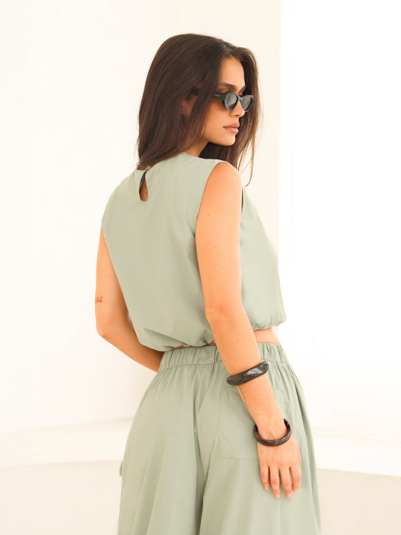 Kaia Bubble Hem Poplin Top - Pistache