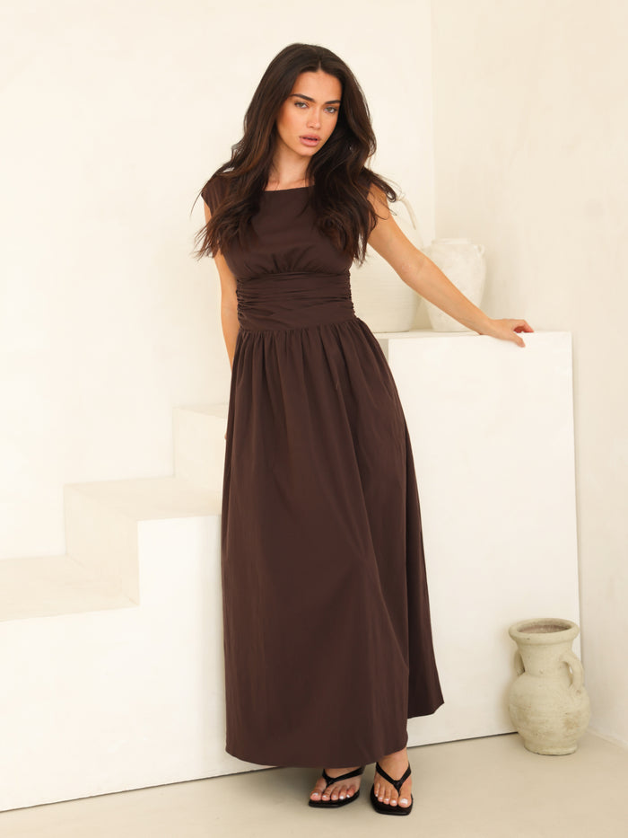 Kaia Poplin Maxi Dress - Mokkabruin