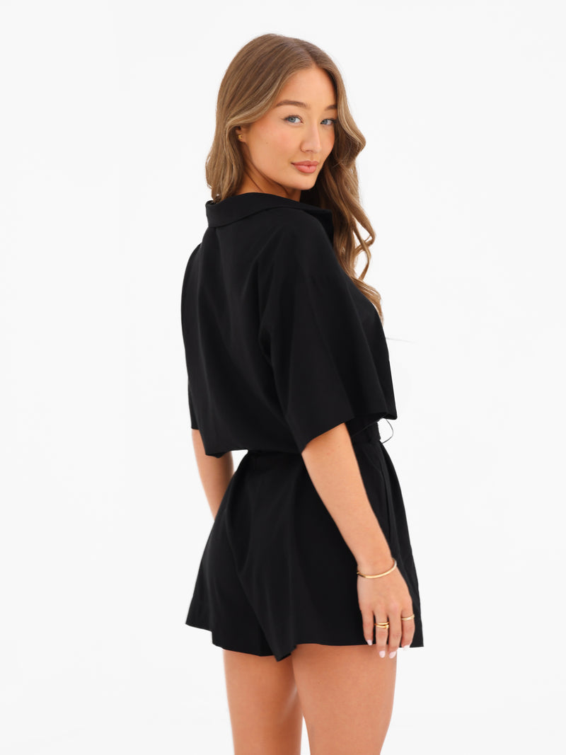 Alessia Linen Playsuit - Schwarz
