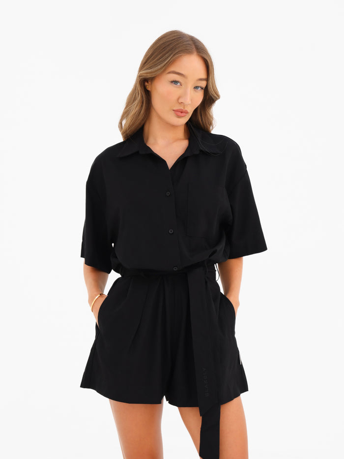 Alessia Linen Playsuit - Schwarz