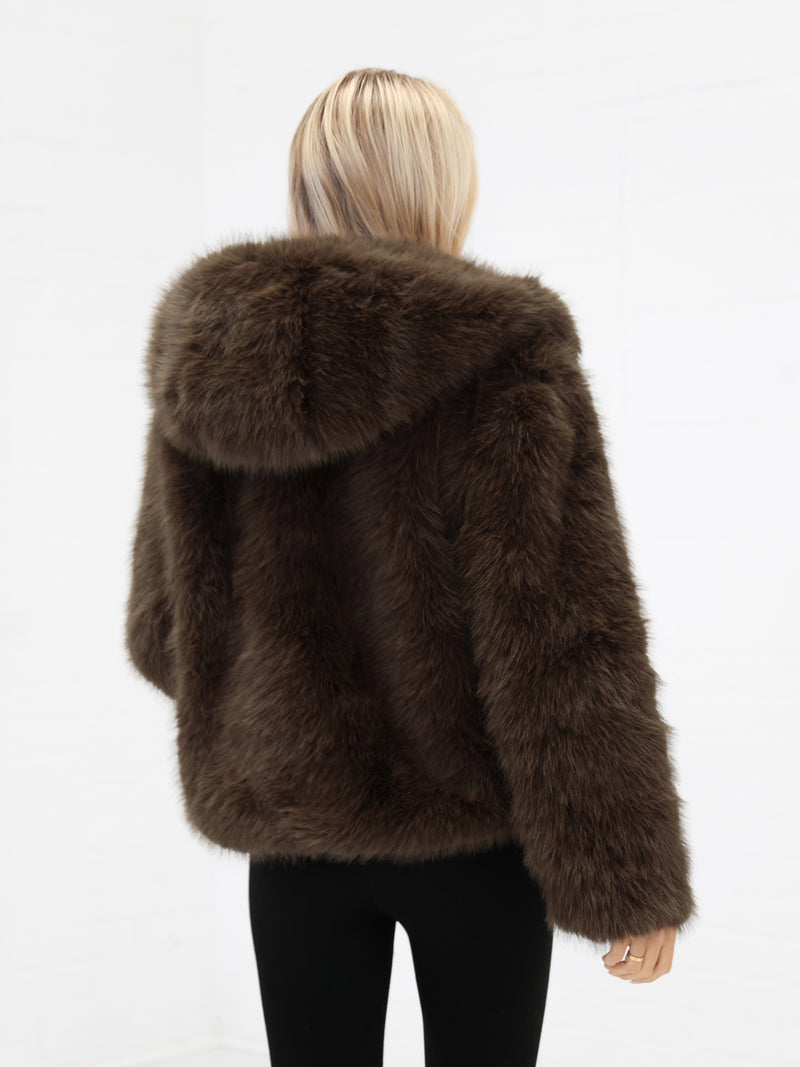 Gigi Faux Fur Hooded Coat - Dunkelbraun