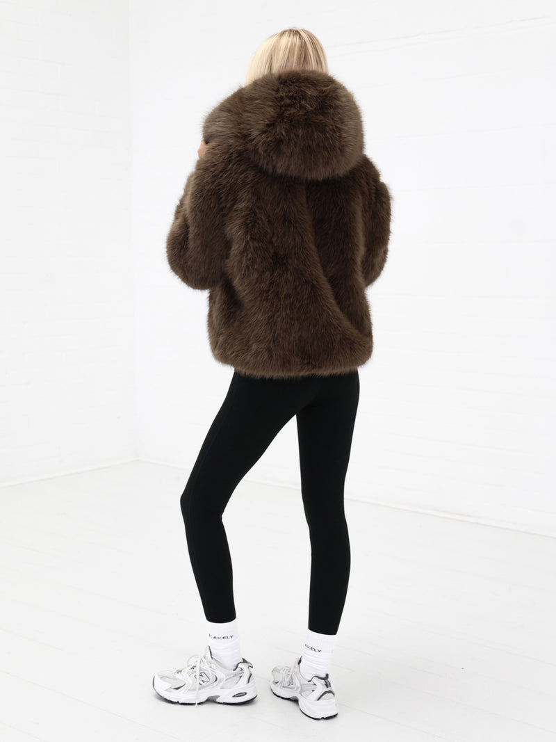 Gigi Faux Fur Hooded Coat - Dunkelbraun