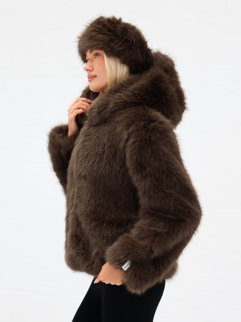 Gigi Faux Fur Hooded Coat - Dunkelbraun