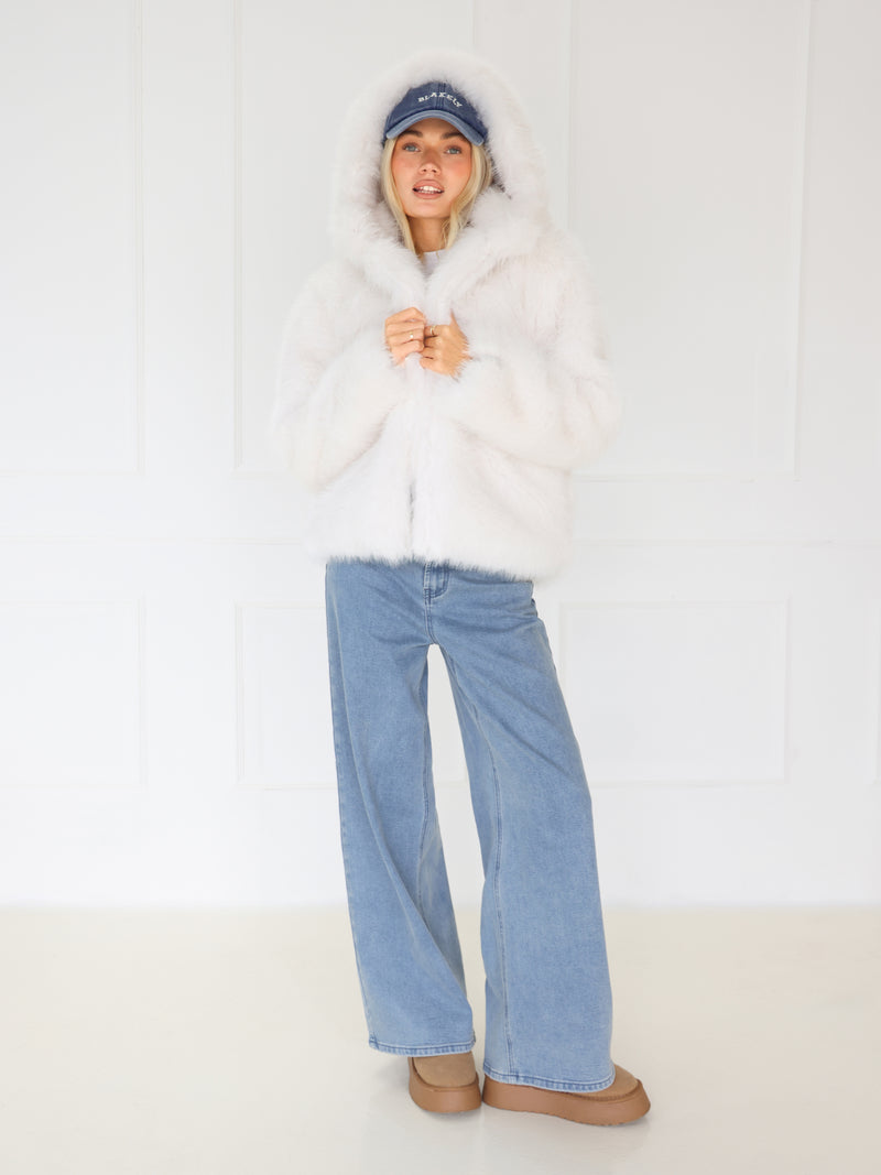Gigi Faux Fur Hooded Coat - Cremefarben
