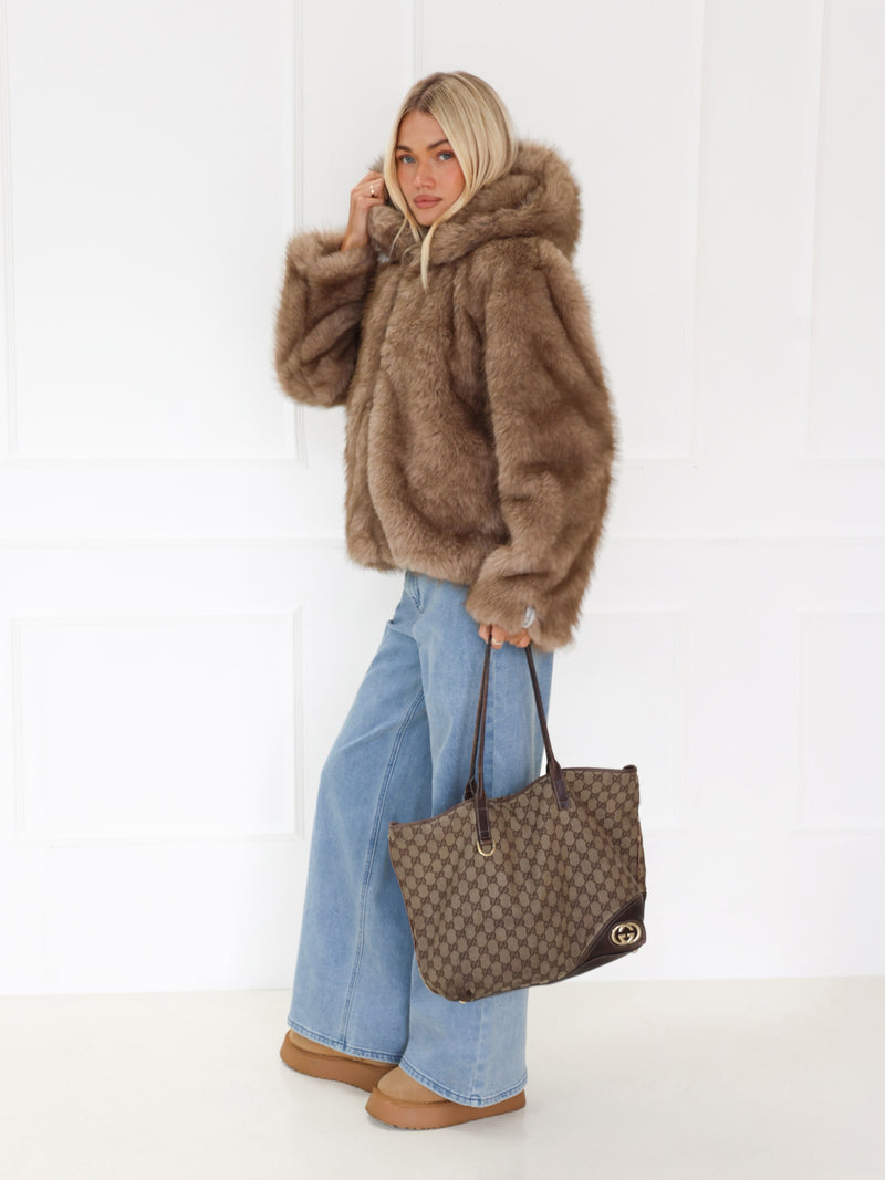 Gigi Faux Fur Hooded Coat - Light Brown