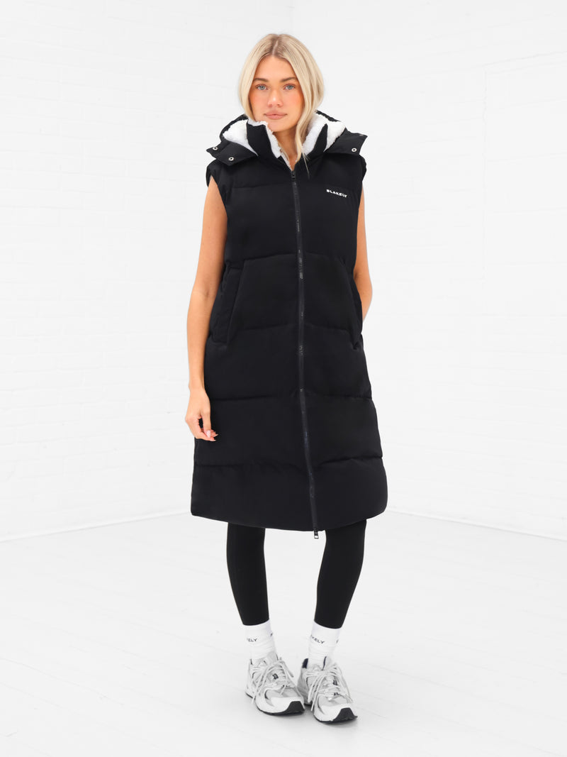 Mya Longline Fluffy Puffer Gilet - Zwart