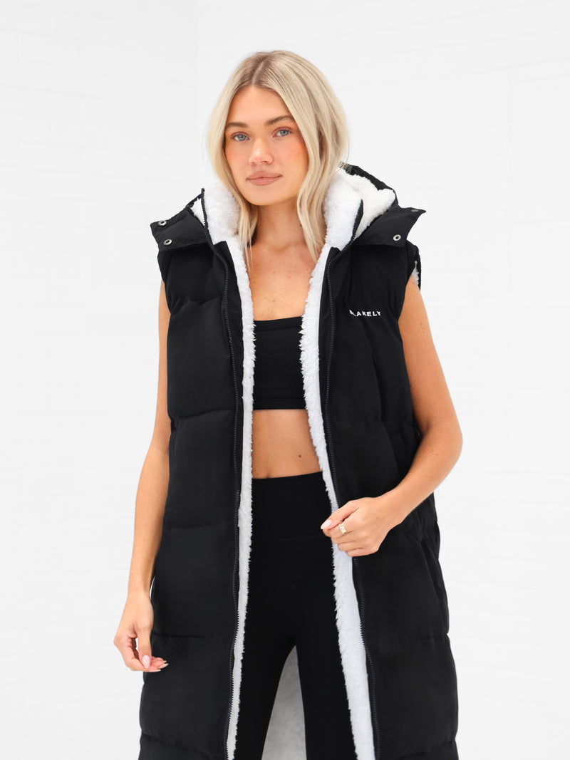 Mya Longline Fluffy Puffer Gilet - Zwart