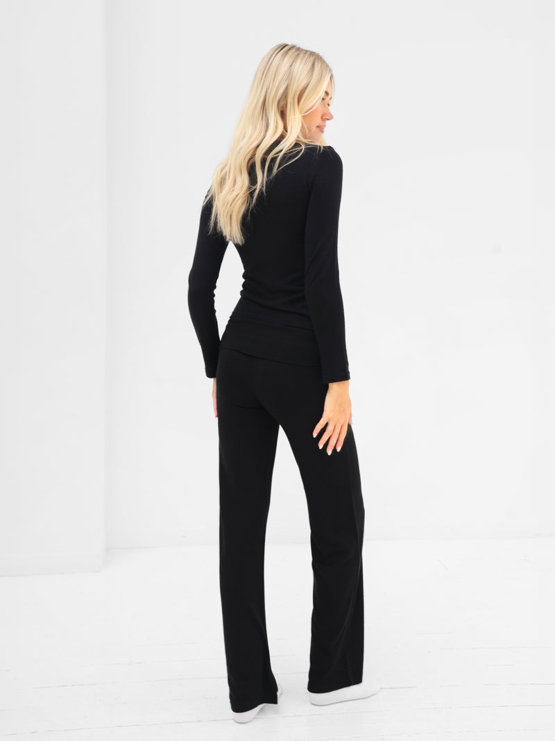 Melody Soft Knitted Fold Over Trousers - Schwarz