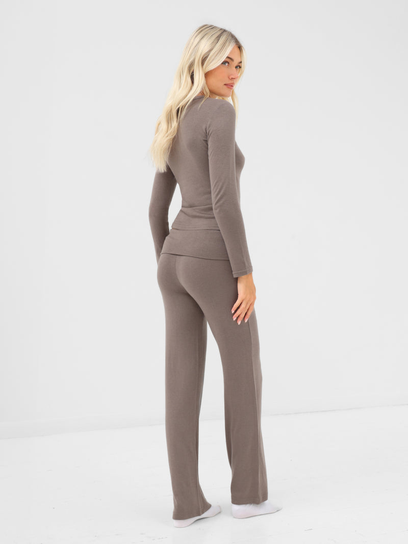 Melody Soft Knitted Fold Over Trousers - Koel bruin
