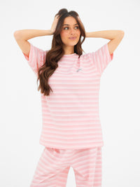 Soft Stripe Waffle T-Shirt - Rosa Streifen