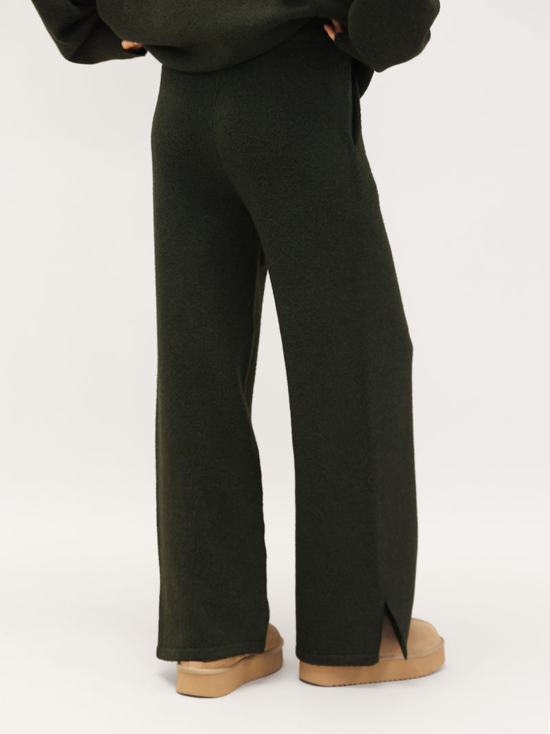 Knitted Wide Leg Sweatpants - Dark Green