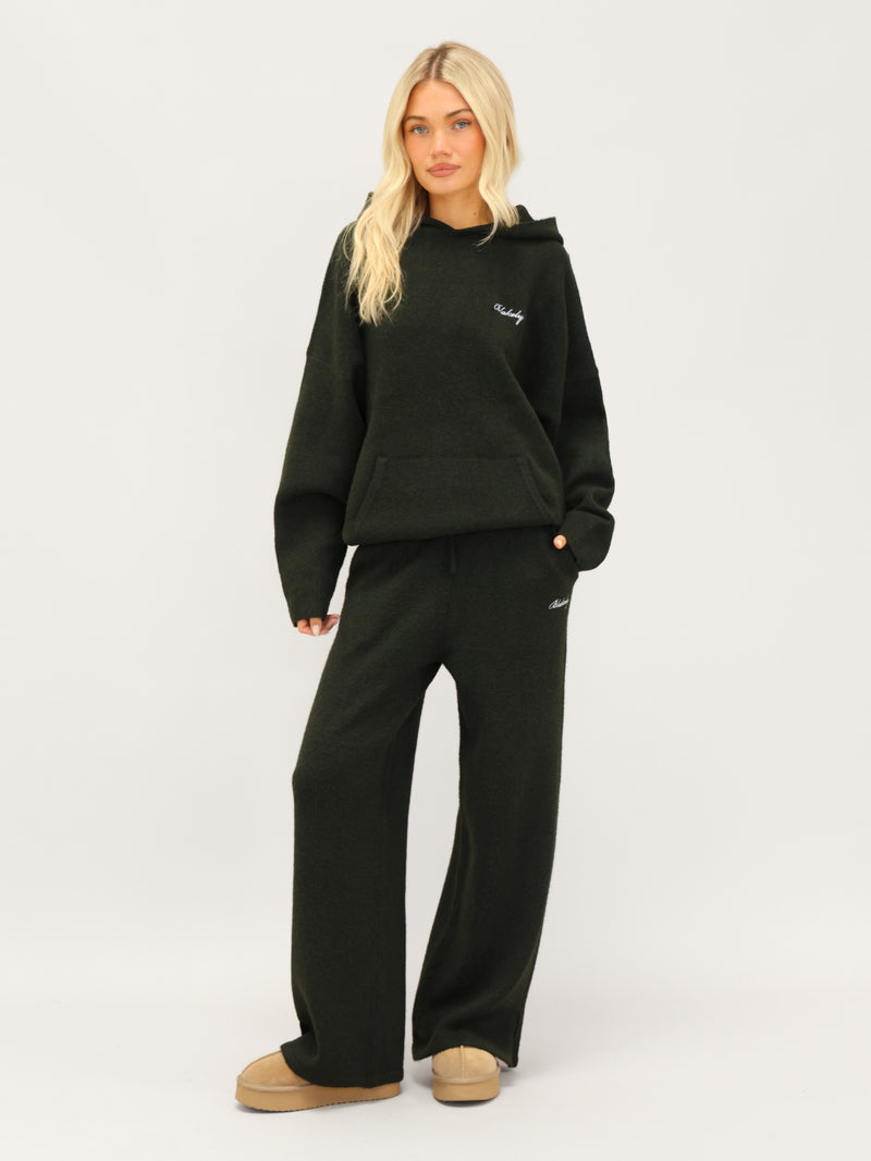 Knitted Wide Leg Sweatpants - Dark Green