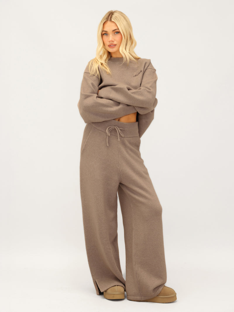 Knitted Wide Leg Sweatpants - Soft Brown