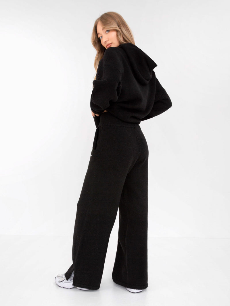 Knitted Wide Leg Sweatpants - Black