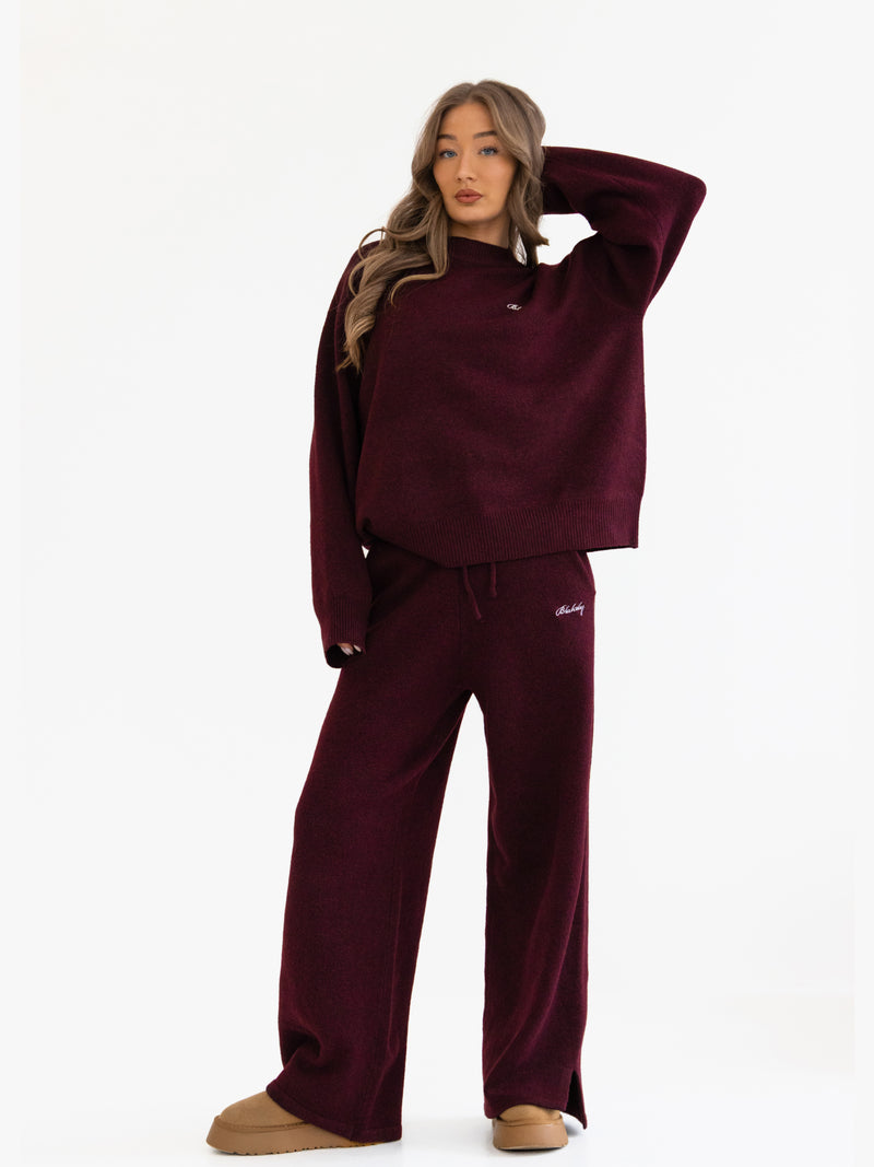 Knitted Wide Leg Sweatpants - Dunkle Kirsche