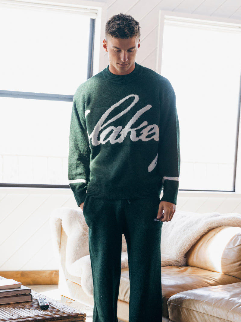 Knitted Script Wide Leg Sweatpants - Emerald Green