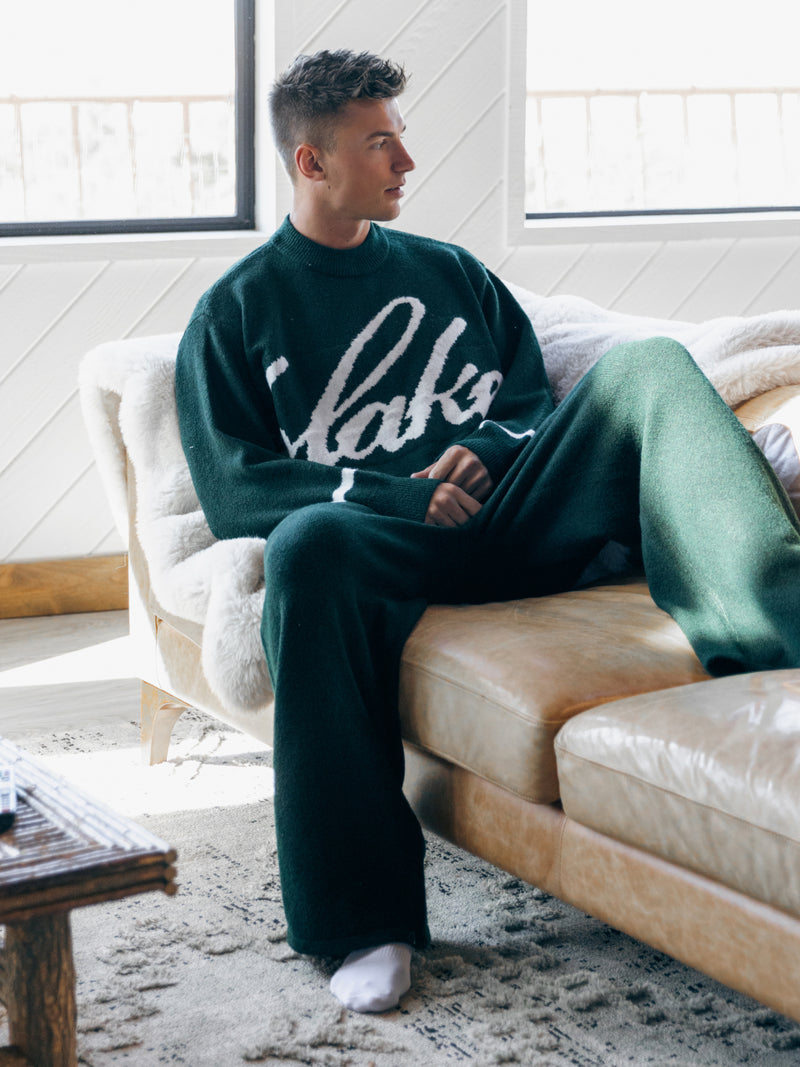 Knitted Script Wide Leg Sweatpants - Emerald Green
