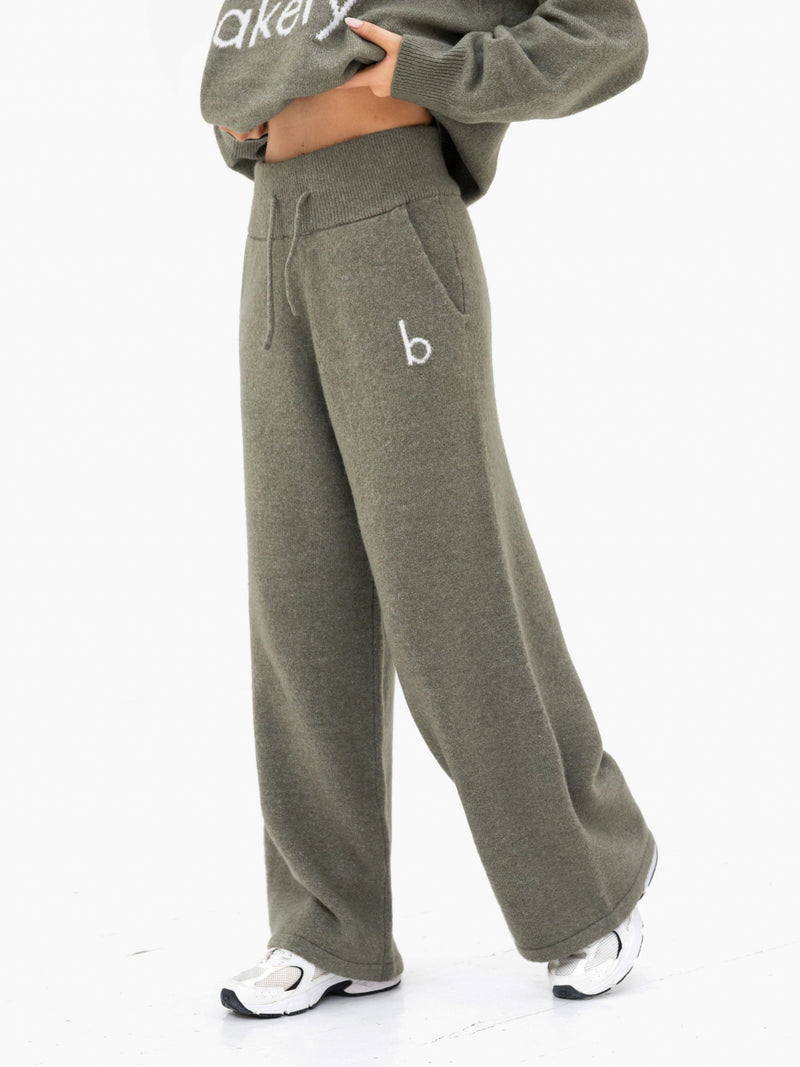 Mabel Knitted Wide Leg Sweatpants - Safari Green