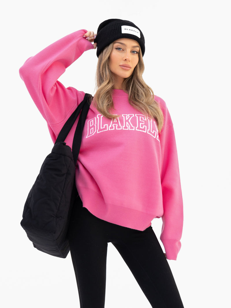 Varsity Oversized Knitted Jumper - Leuchtendes Pink