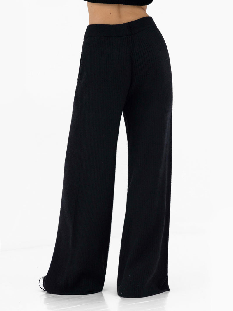 Zoey Ribbed Wide Leg Trousers - Schwarz