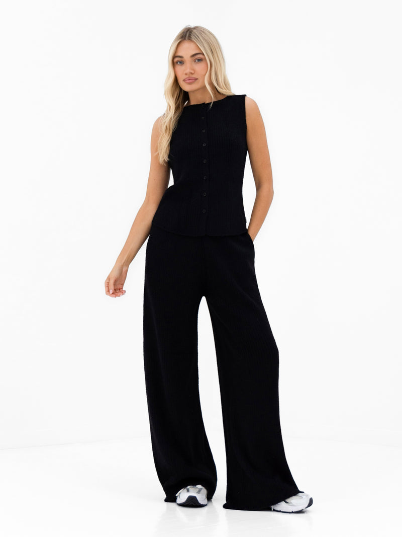 Zoey Ribbed Wide Leg Trousers - Schwarz